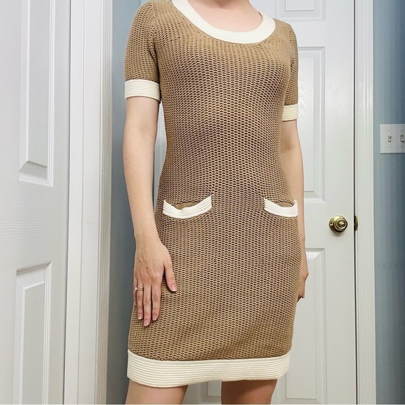 Vintage Dress Mini Knit Fitted Bodycon Neutral Y2K Brown White Academia Medium - Picture 1 of 5